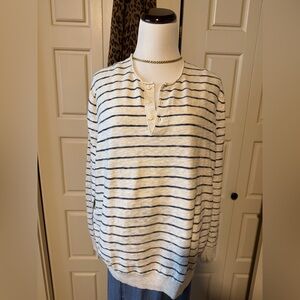 Black Brown 1826 Cream, Black Striped Henley, Cotton, Cashmere Sz XL